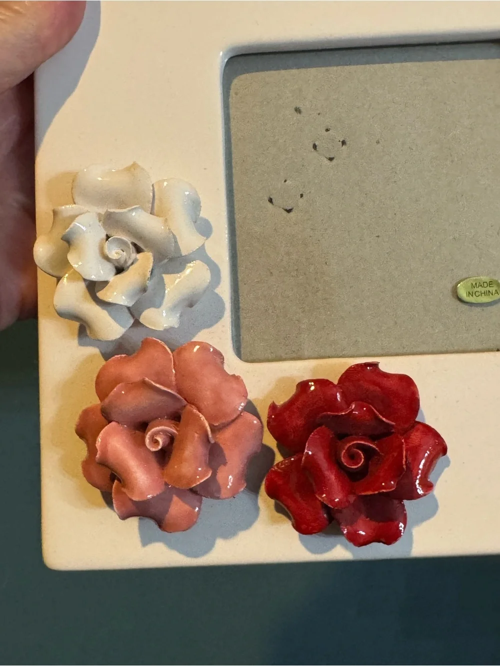 Ceramic Floral Square Photo Frame in Cream with Pink & Red Blooms fits 3” pic